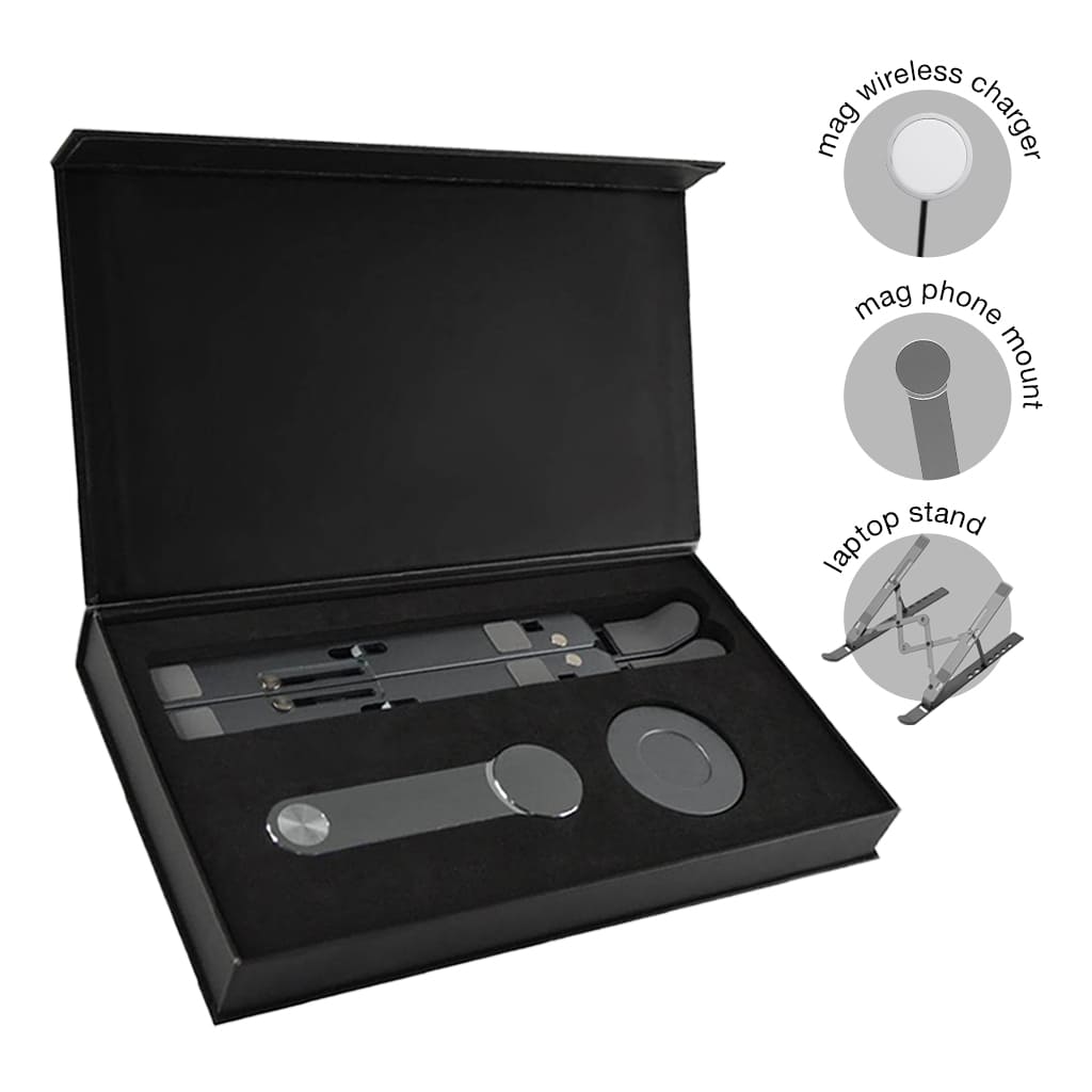 Tri Gadget Gift set. Laptop stand, magnetic phone mount, wireless charger (1)
