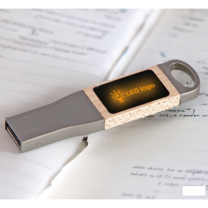 Omnify USB Flash drive Metal & bamboo light up logo.
