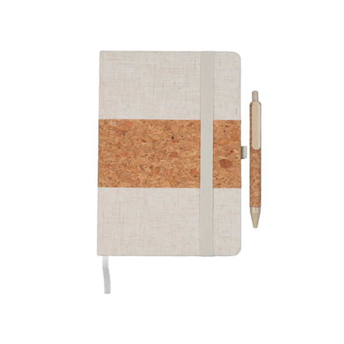 Weldon Linen and cork notebook pen set. (5)